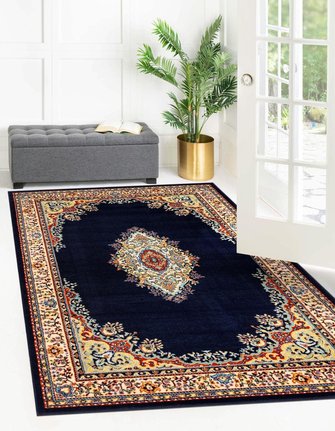 Navy Blue Medallion 8' x 10' Easy-Care Synthetic Rectangular Rug