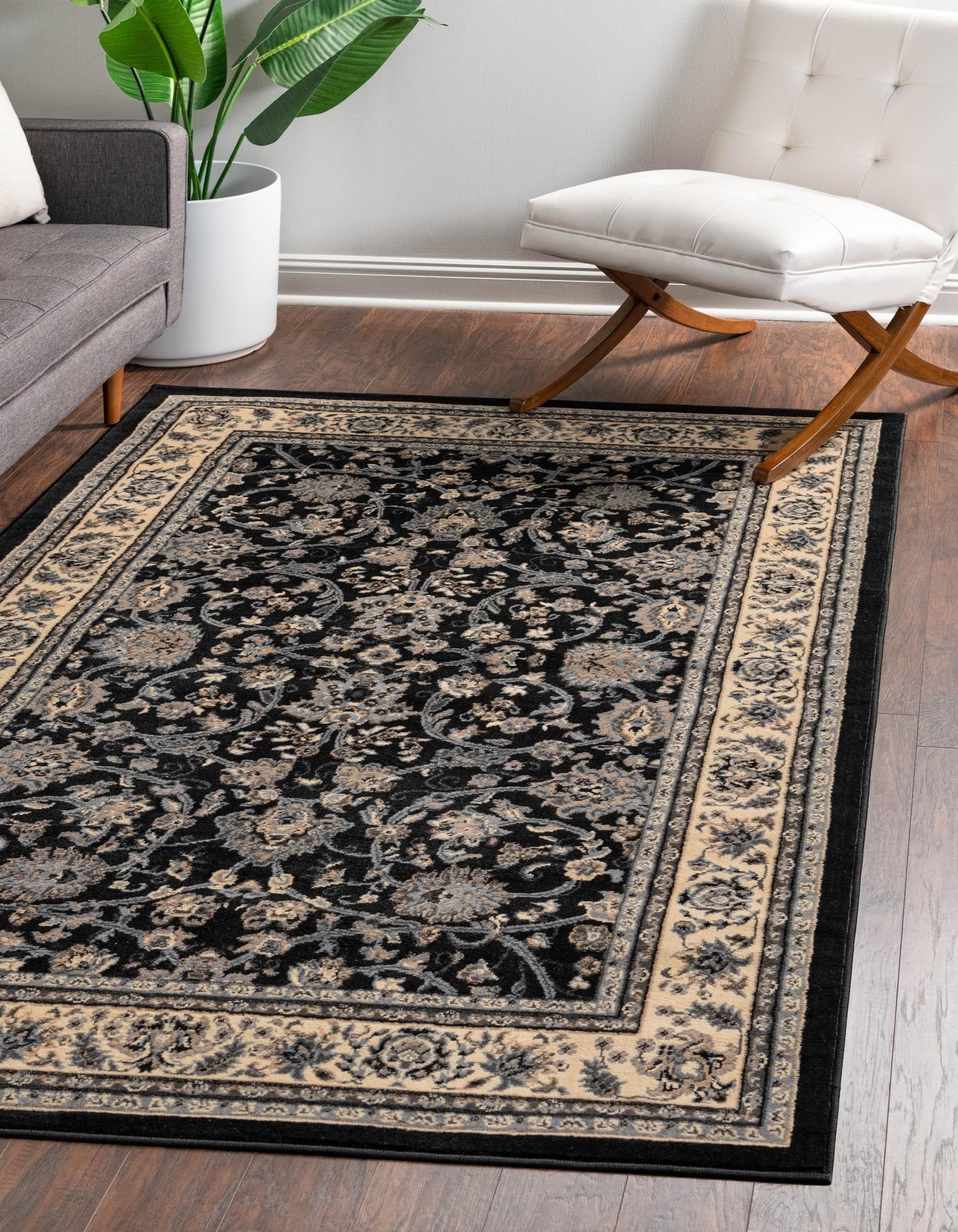 Black and Gray Floral Rectangular 4' x 6' Synthetic Area Rug