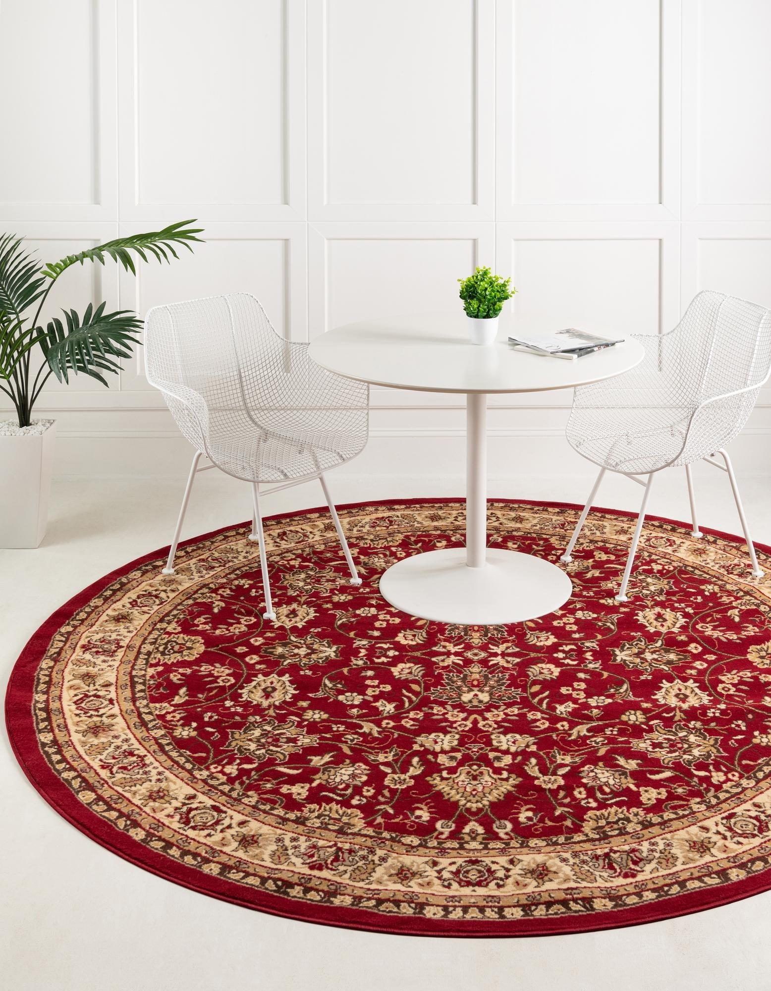 Burgundy and Ivory Round Synthetic Floral Area Rug