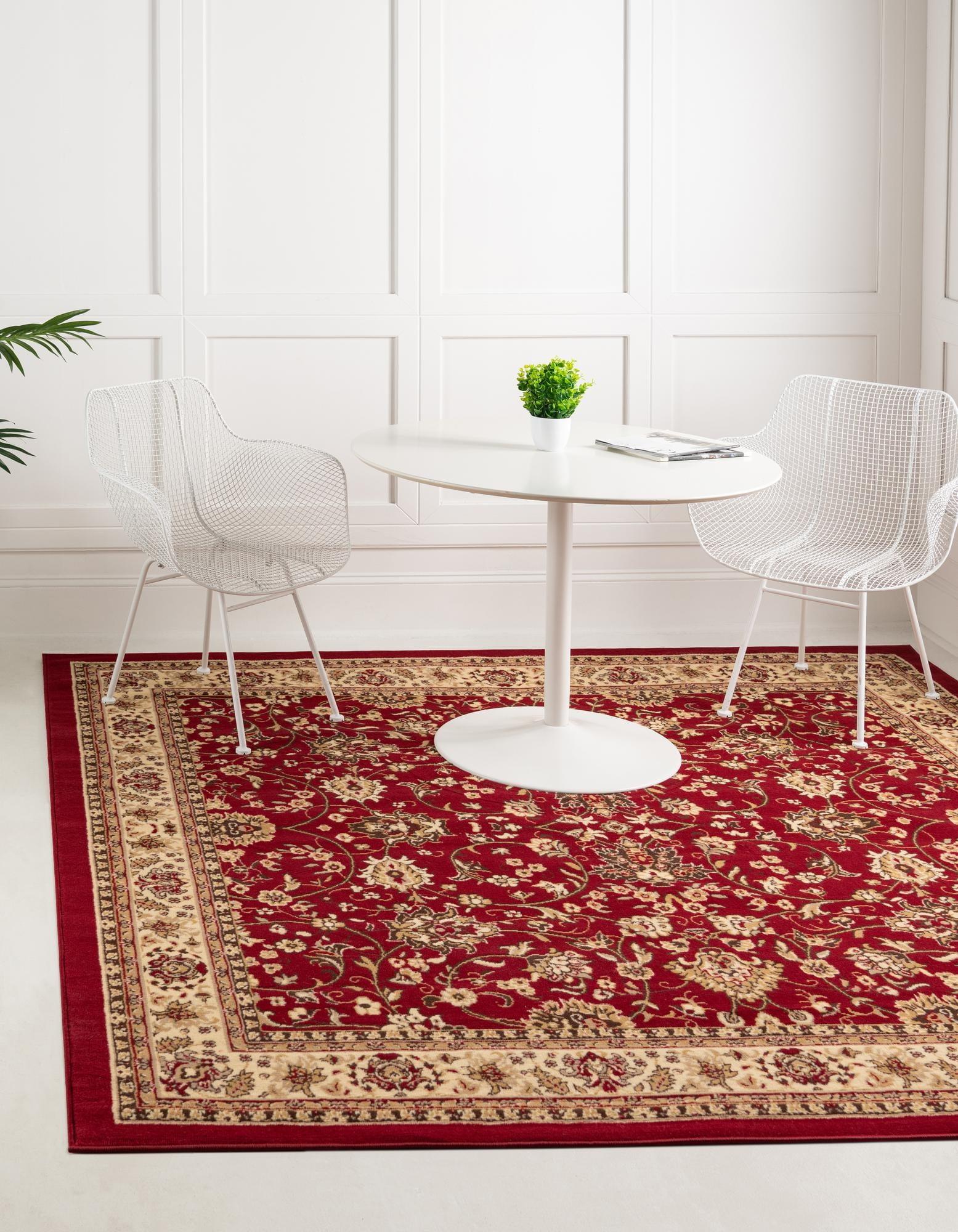 Burgundy and Ivory Square Synthetic Floral Area Rug