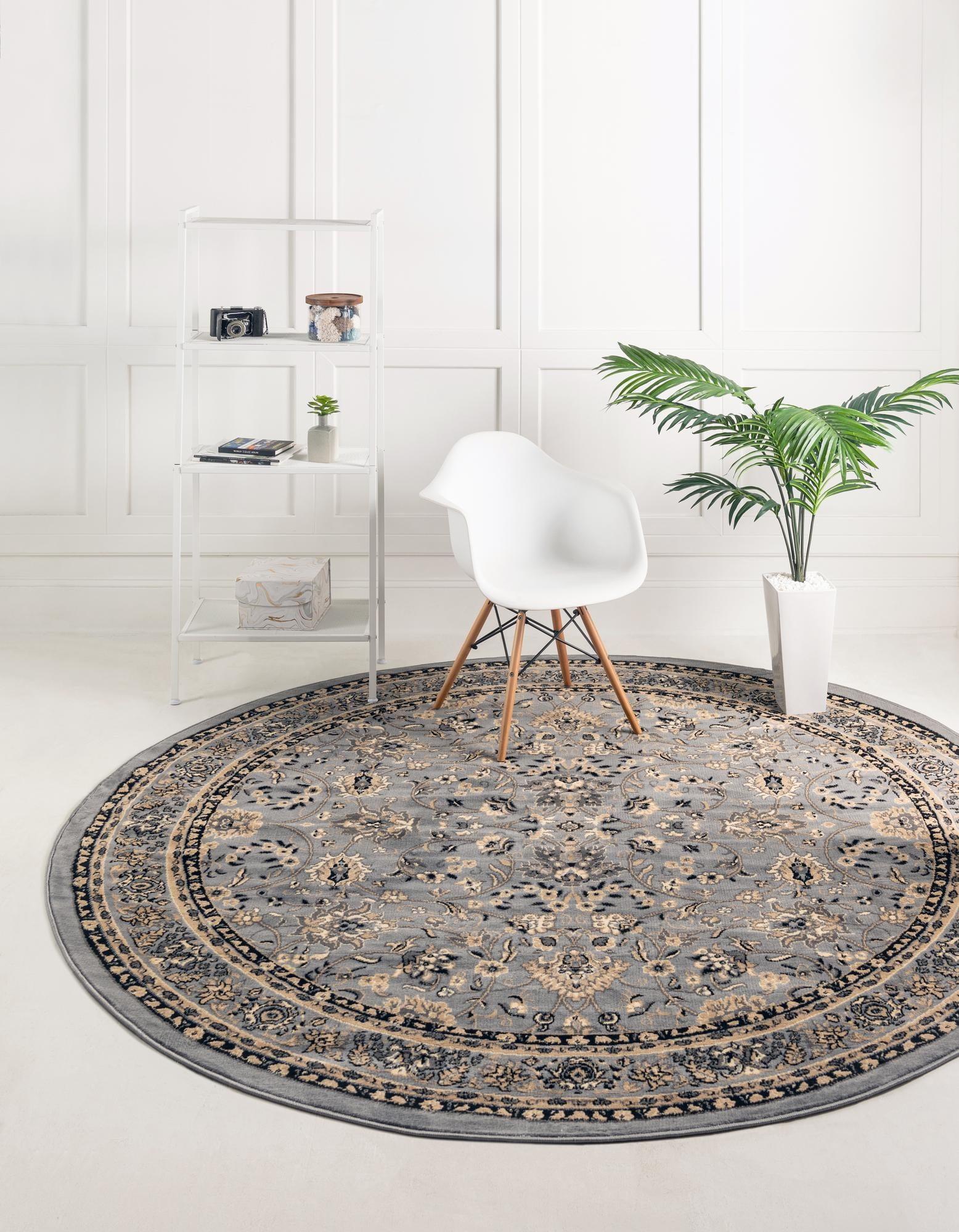 Gray and Ivory Round Synthetic Stain-Resistant Area Rug