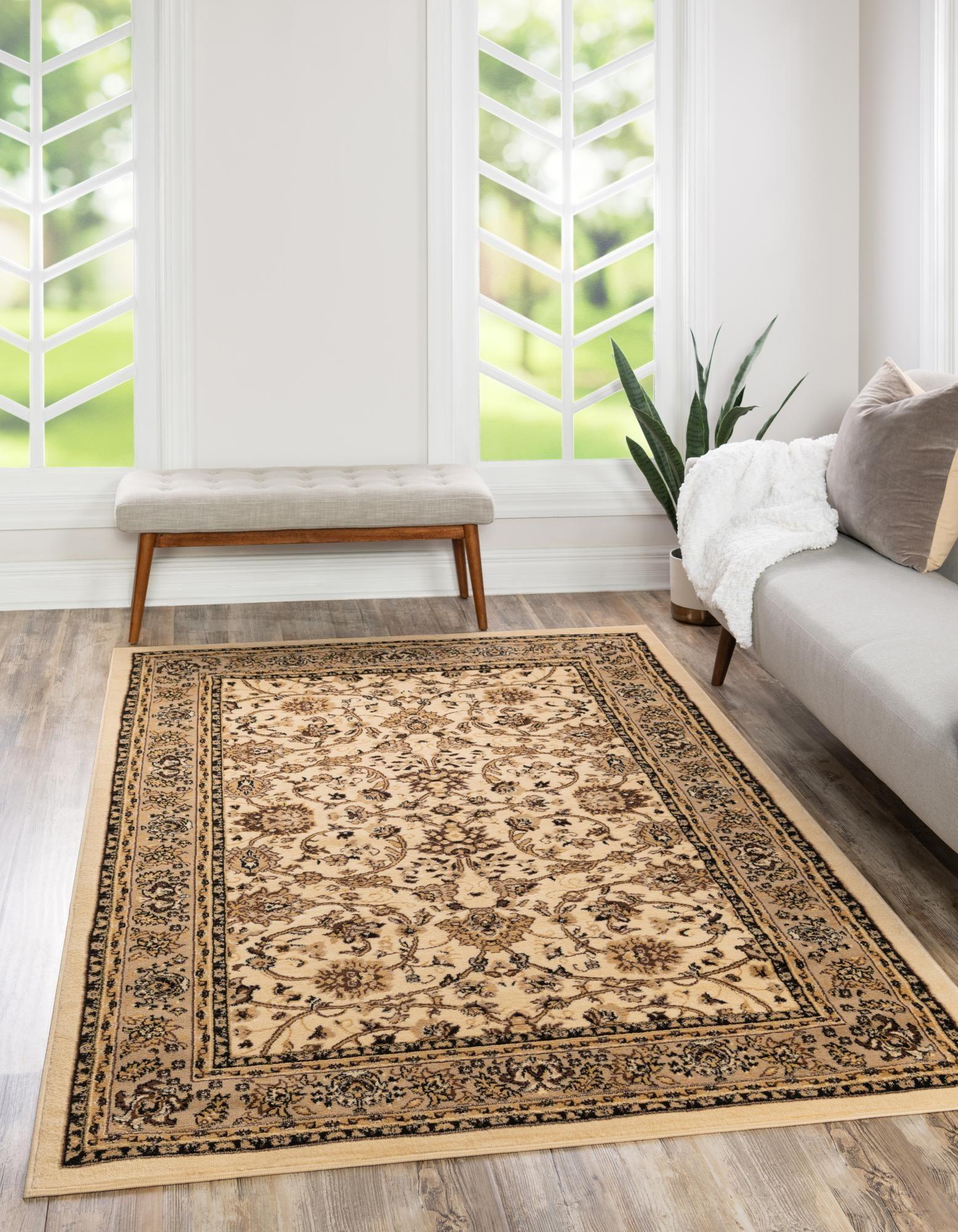 Ivory and Tan Rectangular Stain-Resistant Synthetic Area Rug