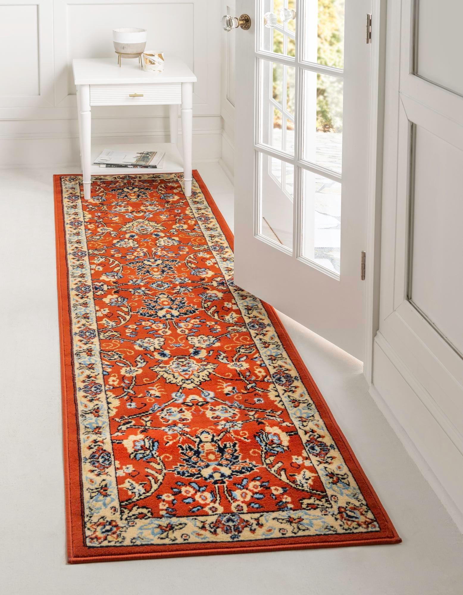 Terracotta and Ivory Synthetic Traditional Runner Rug