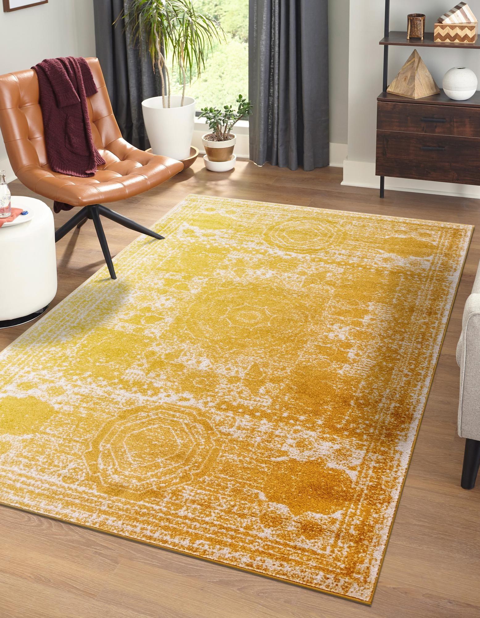 Yellow Rectangular Easy Care Synthetic Area Rug