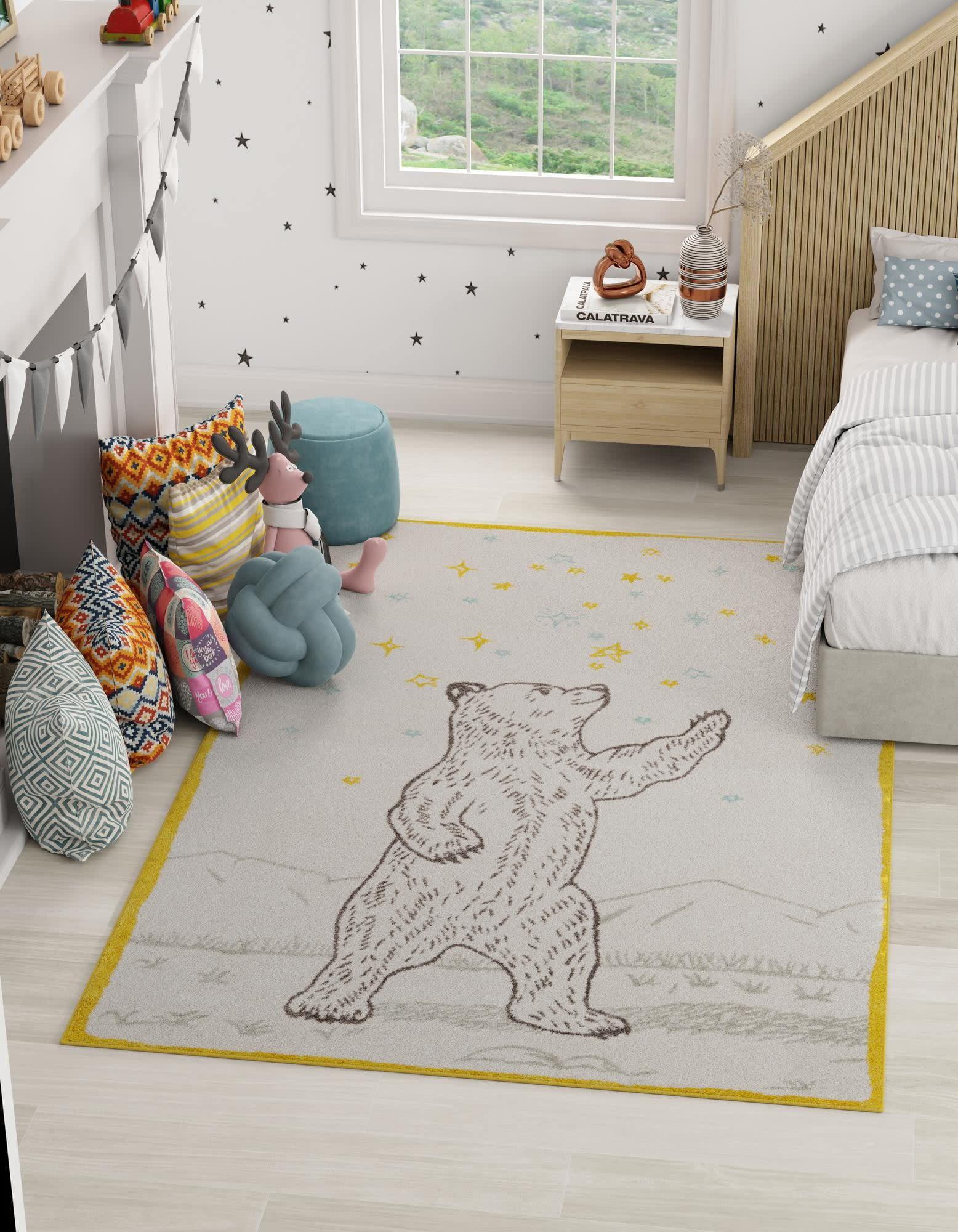 Unique Loom Whimsy Kids Collection Area Rug - Grizzly (2' 2" x 2' 11" Rectangle Ivory and Gray/Yellow)