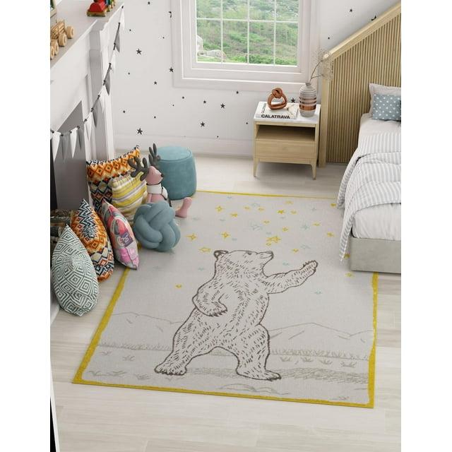 Unique Loom Whimsy Kids Collection Area Rug - Grizzly (2' 2" x 2' 11" Rectangle Ivory and Gray/Yellow)
