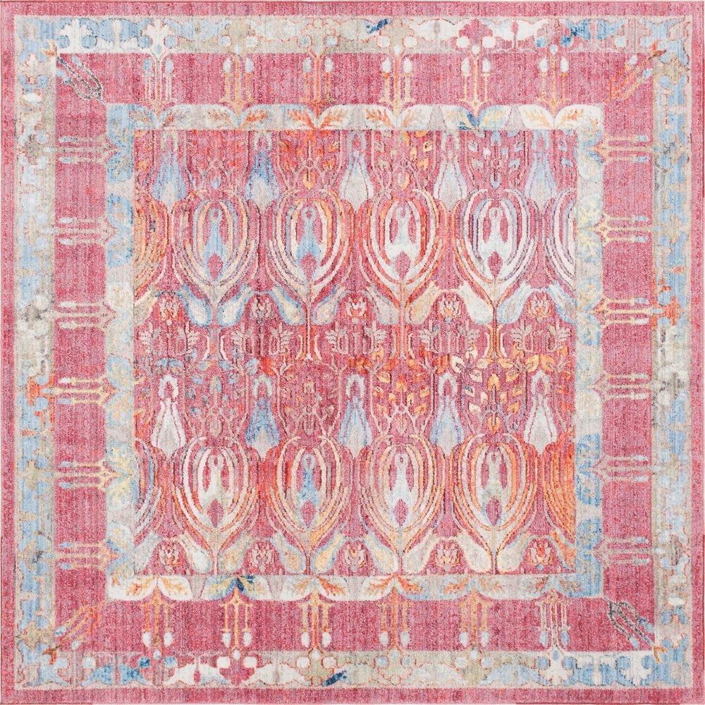 Unique Loom Williamsburg Brighton Rug Red/Beige 8' Square Border Bohemian Perfect For Dining Room Living Room Bed Room