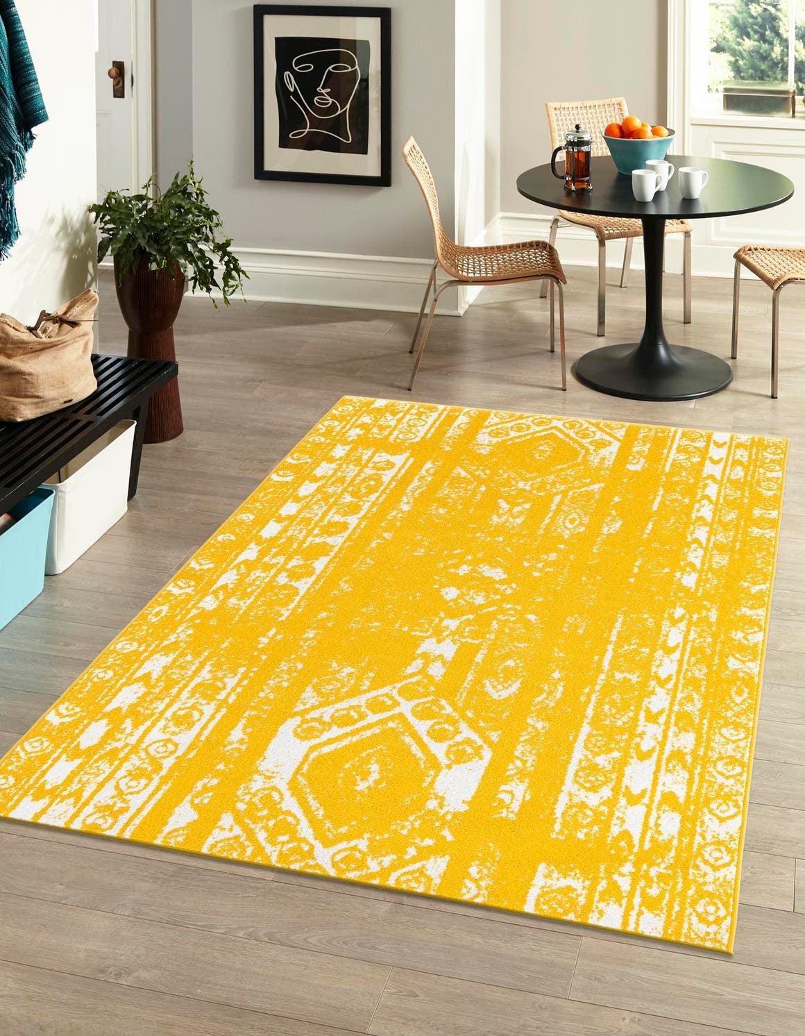 Yellow Geometric Rectangular Easy Care Rug