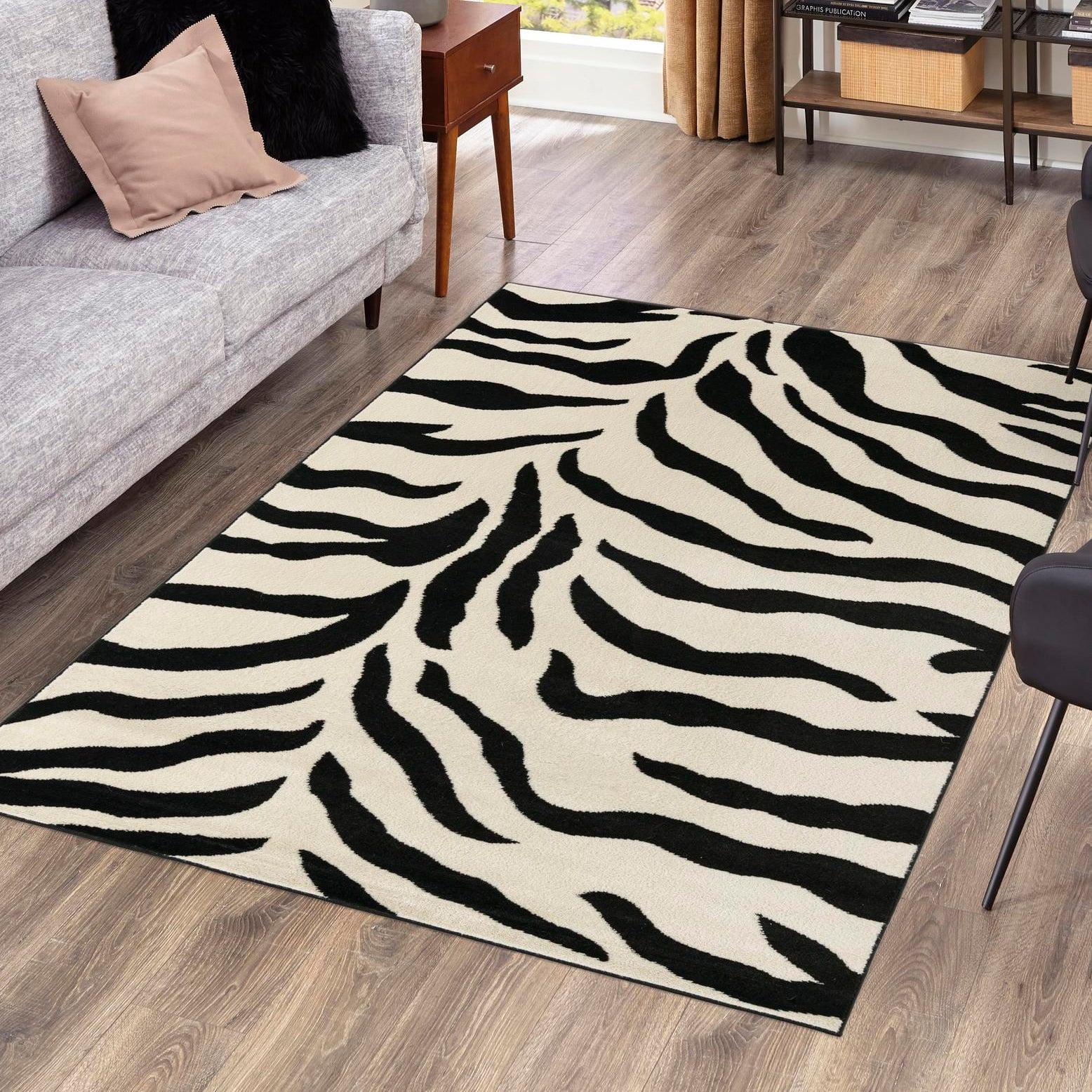 Ivory and Black Zebra Print Rectangular Synthetic Area Rug