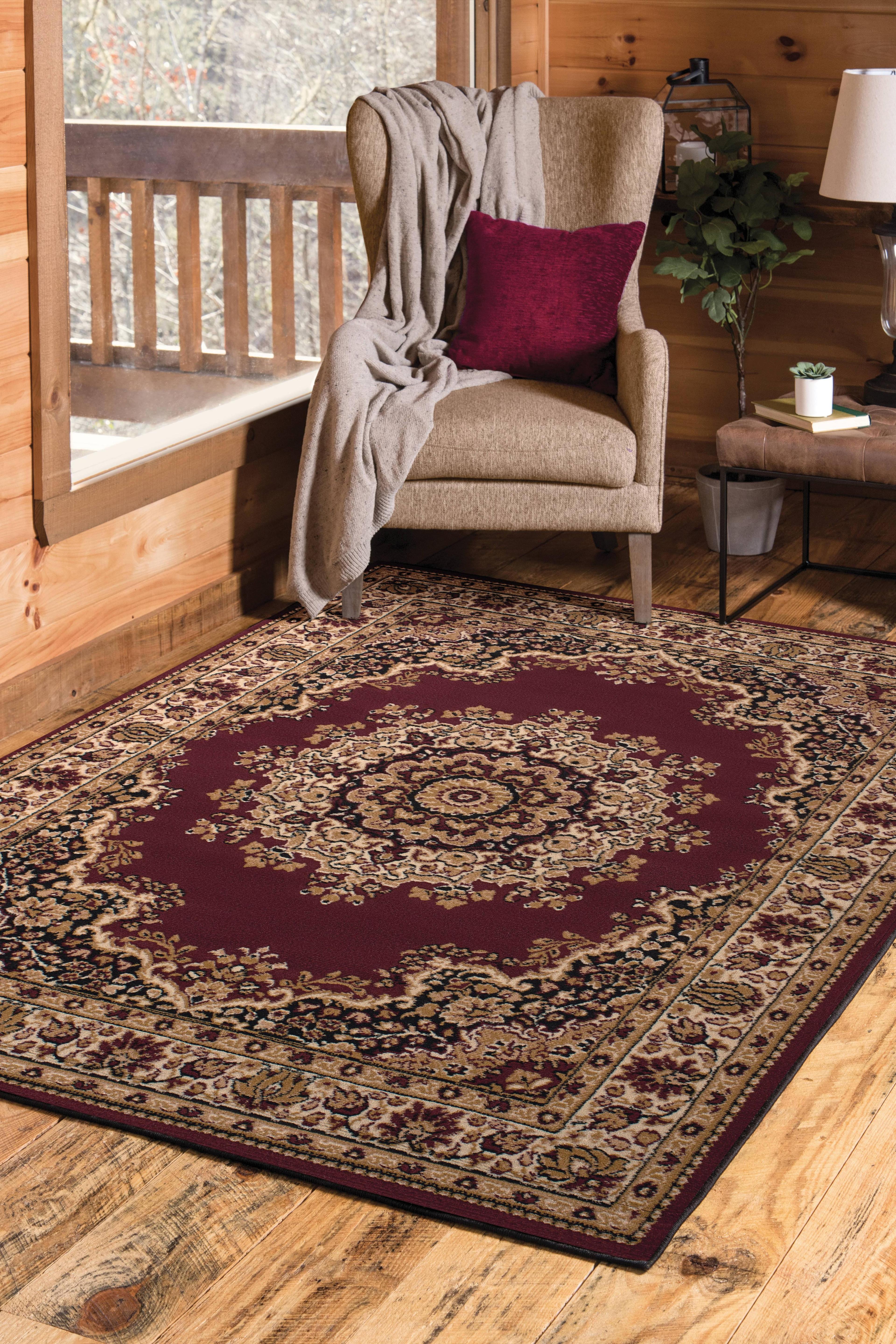 Dallas Floral Kirman Burgundy Rectangular 5' x 7' Synthetic Rug