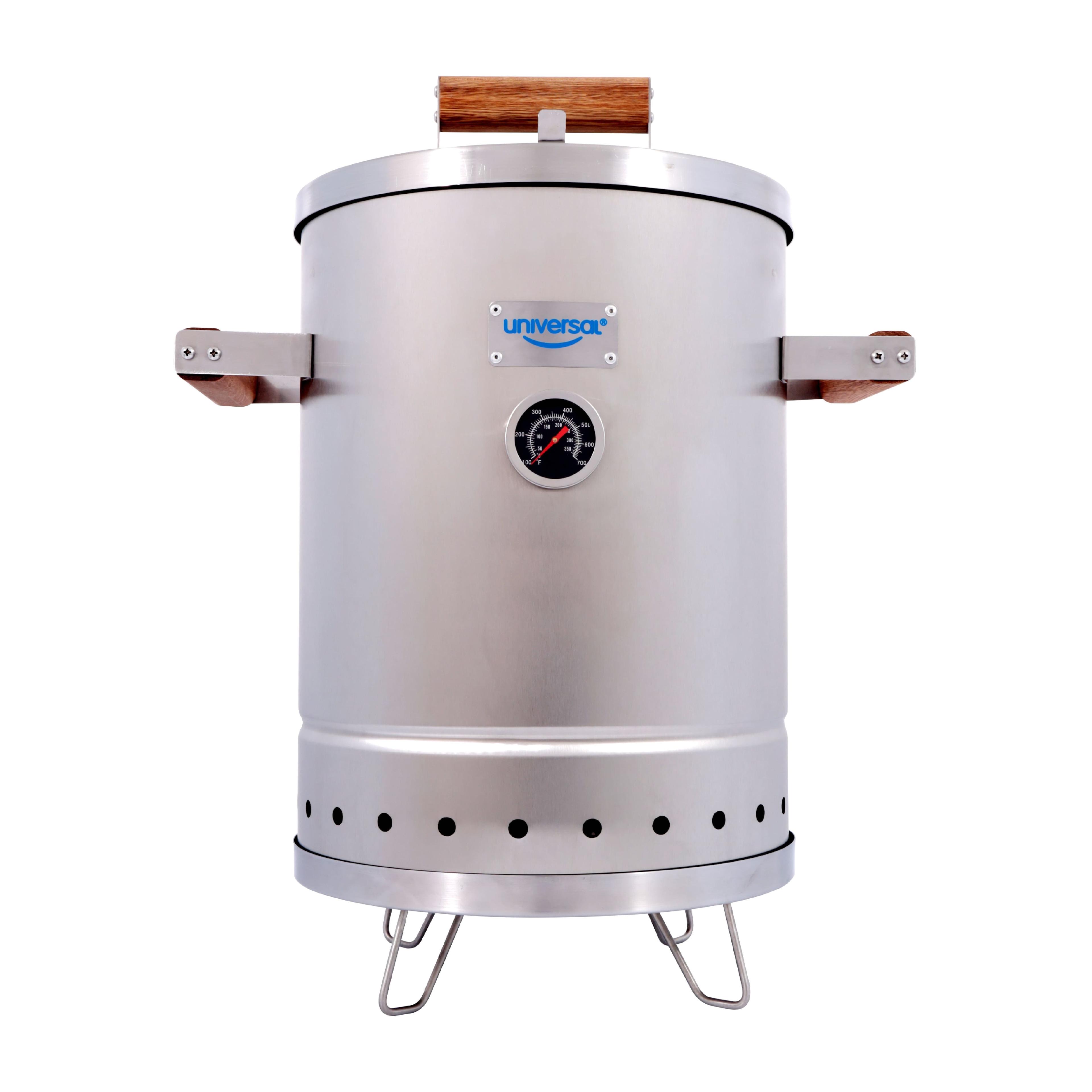 Universal Universal Stainless Steel Small 6-pound Charcoal Barrel Smoker with Thermometer, Grill & Smoker