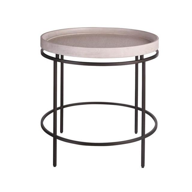 Universal Coalesce Round Accent Table in Gray Oak Wood with Black Metal Base