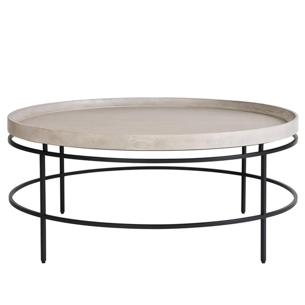 Gray Oak and Black Round Wood Metal Coffee Table