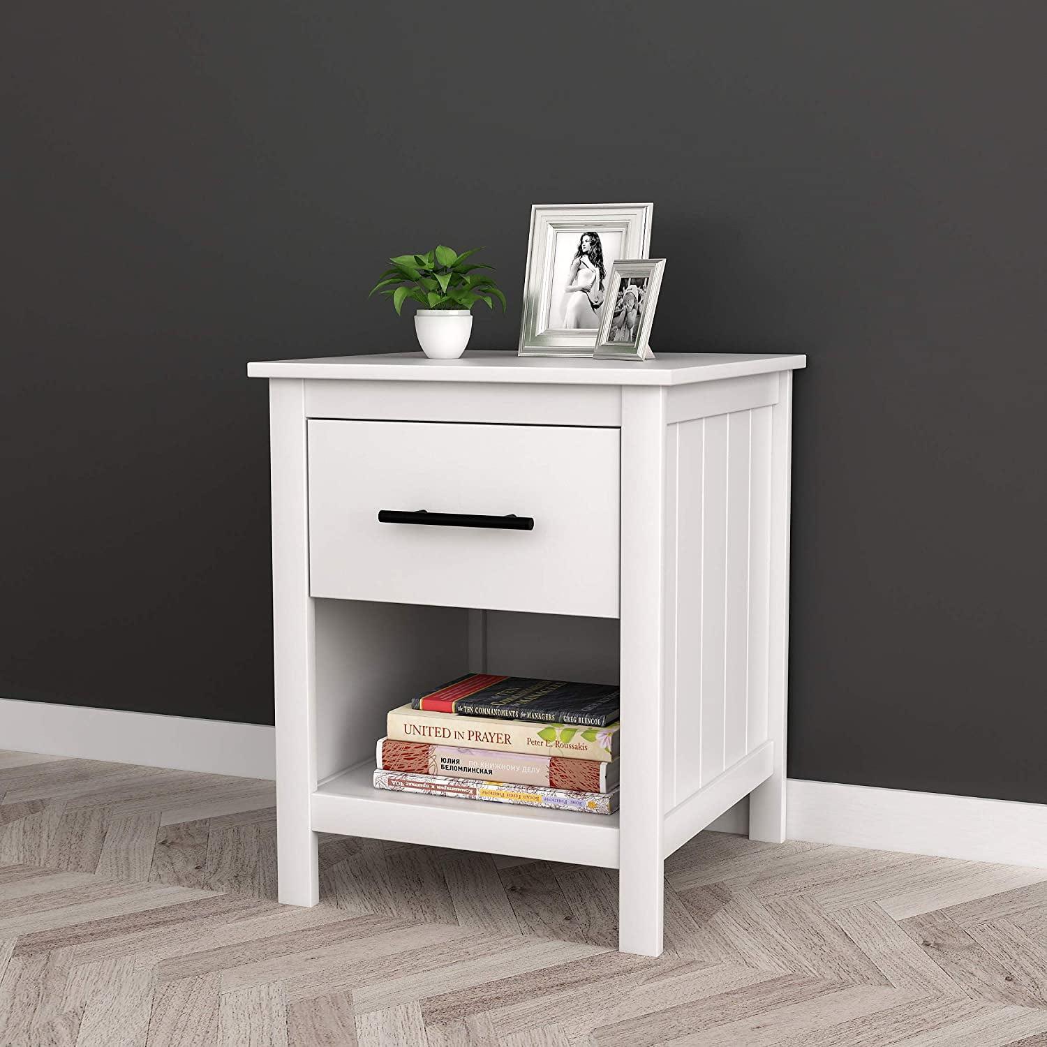 White Engineered Wood Nightstand with Drawer and Open Shelf