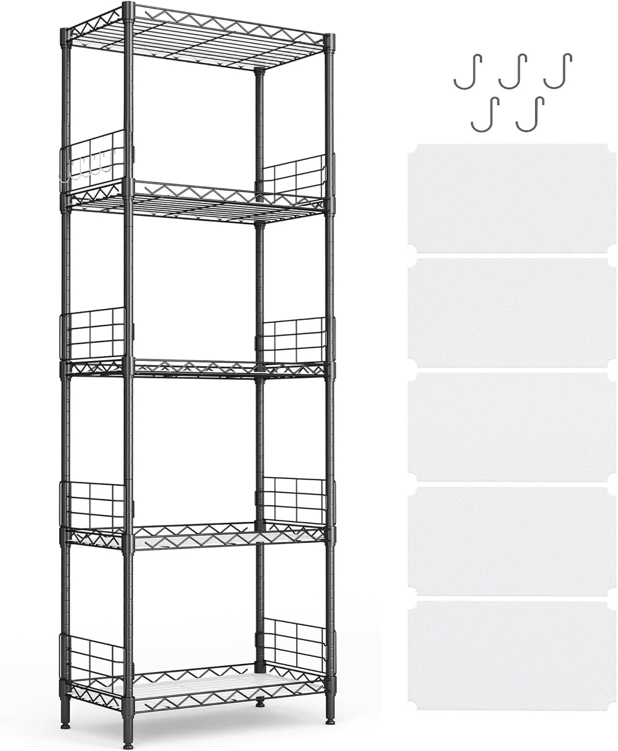 LINSY HOME Pantry Storage Shelves, 5-Tier Adjustable Heavy Duty Metal Storage Shelf, 59" Tall Standing Shelf, Upgrade Steel Wire Rack Organizer for Kitchen, Bathroom, Garage, Living Room, Black