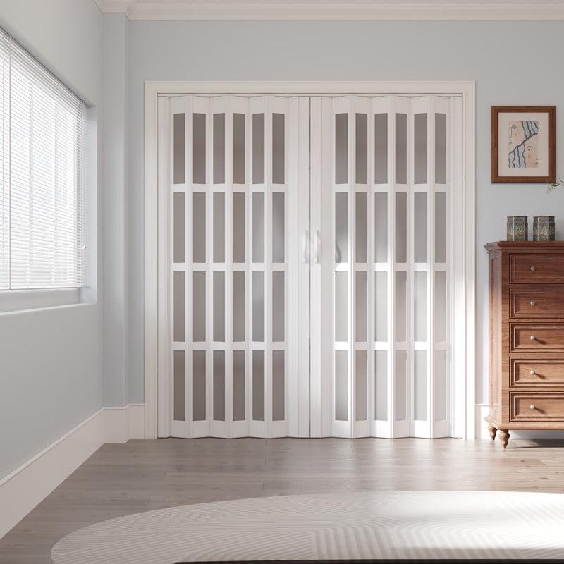 Upgrade Dual Layer Vinyl Accordion Door with Handles and Magnetic Door Lock, 4-Lite Frosted Acrylic Glass, White