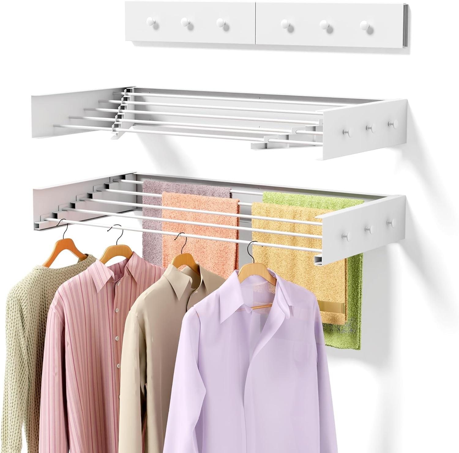 White Foldable Wall-Mounted Drying Rack with Aluminum Rods