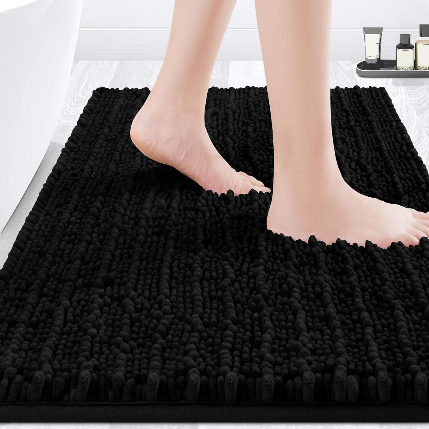 Upgrade Luxury Black Bathroom Rug Mat 20"x32", Ultra Soft Thick Absorbent Bath Mats, Non Slip Chenille Toilet Mat for Bathroom, Bedroom, Kitchen, Shower, Tub