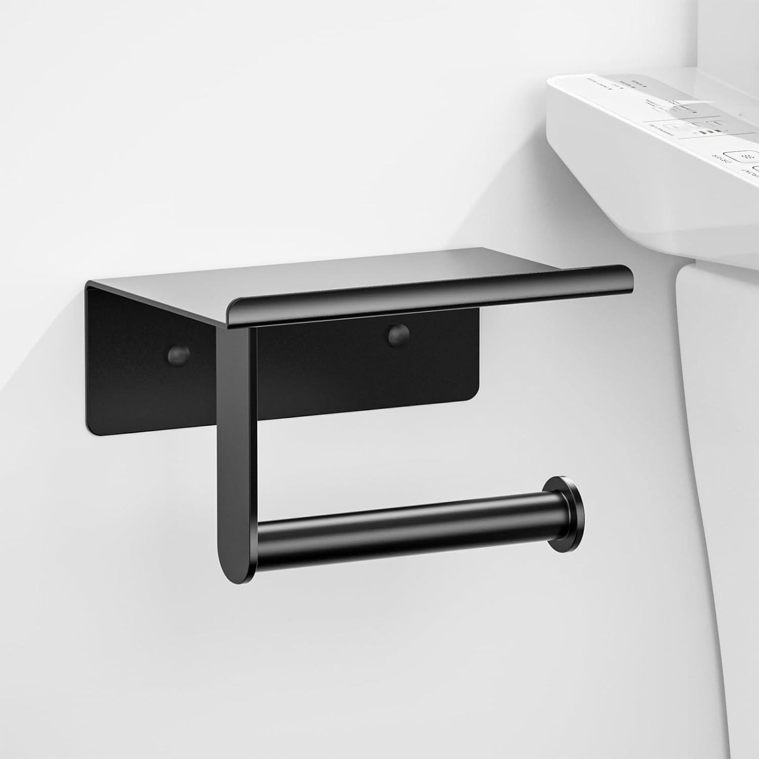 Rustproof Matte Black Wall Mount Toilet Paper Holder with Shelf - Self Adhesive for Bathroom