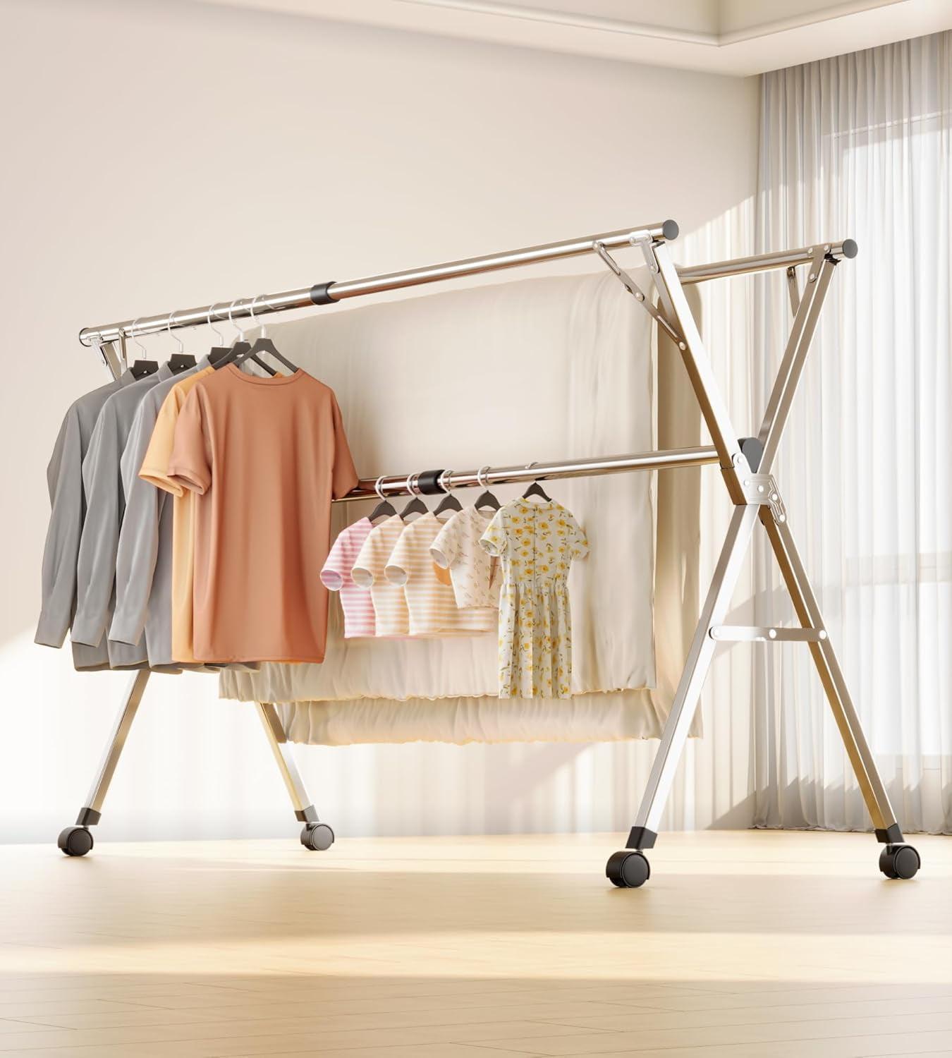 Upgraded Clothes Drying Rack with Wheels, No Assembly Required, 95 Inches, Super Heavy Duty 201 Stainless Steel, Adjustable Foldable Laundry Drying Rack