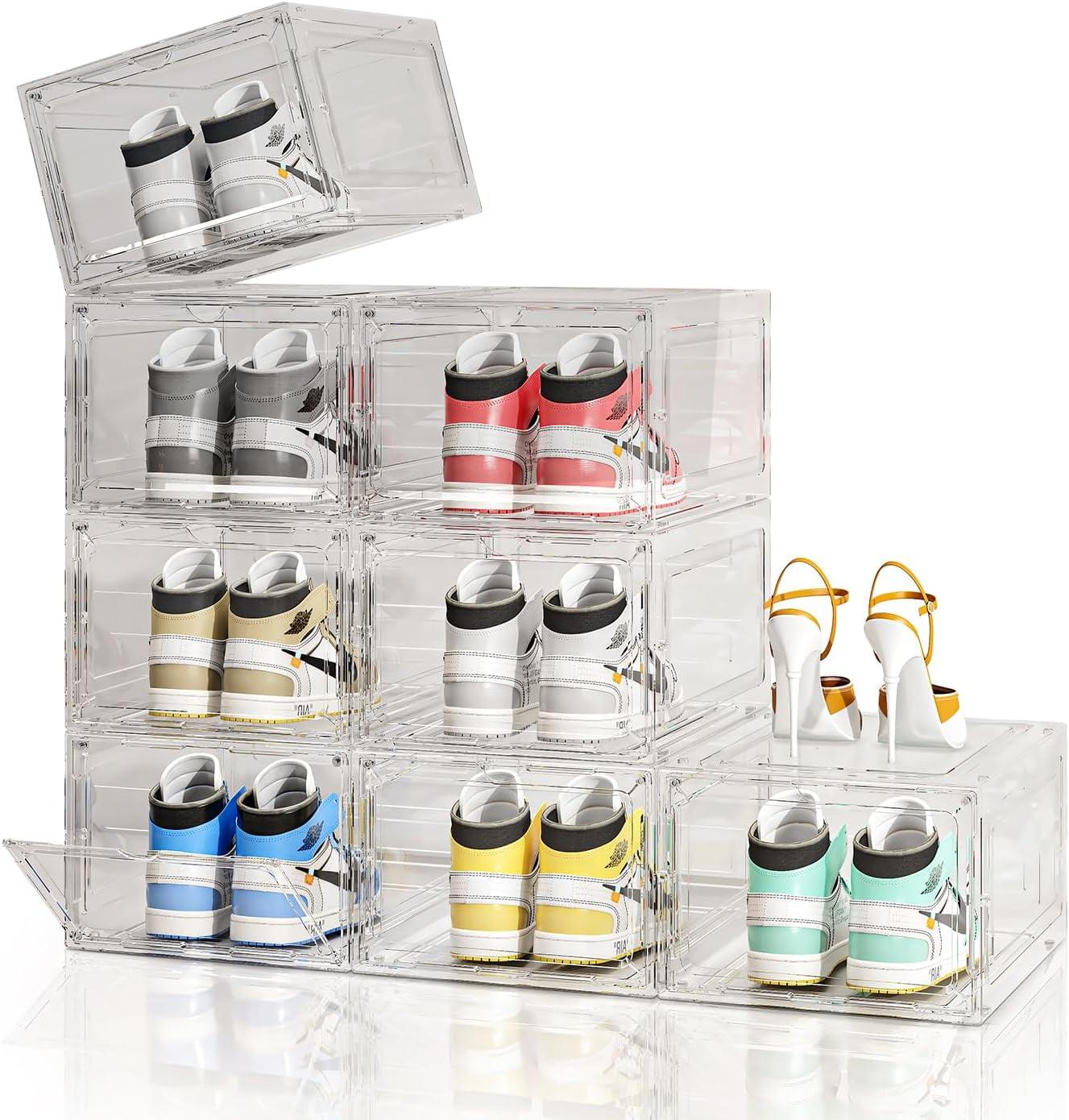 Clear Plastic Stackable Shoe Storage Boxes with Magnetic Door, 8 Pack