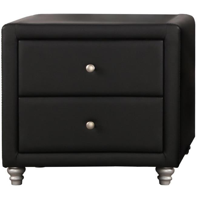 Sleek Black Faux Leather 2-Drawer Nightstand with Brushed Nickel Accents