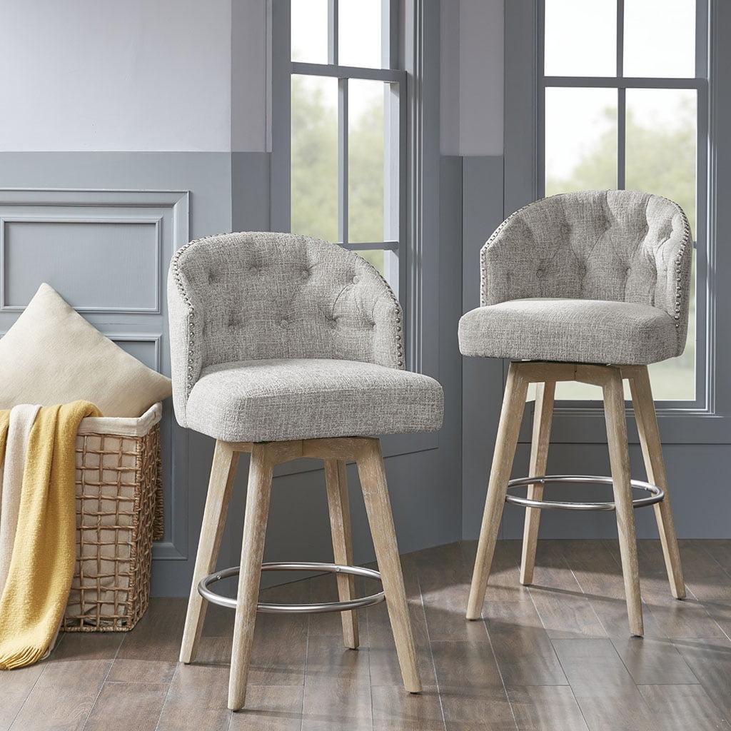 Gray Button Tufted Swivel Counter Stool with Wood Legs