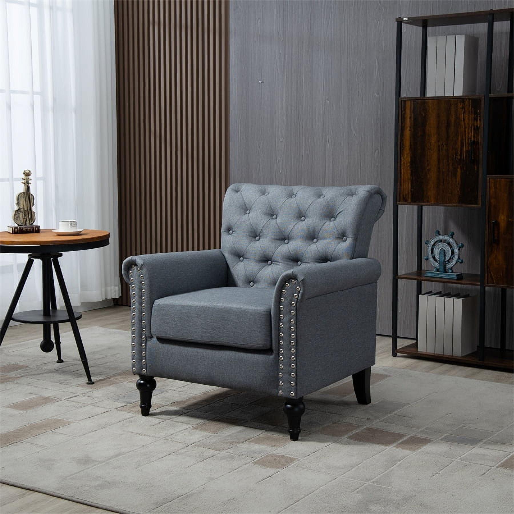 Gray Velvet Tufted Accent Chair with Wood Legs