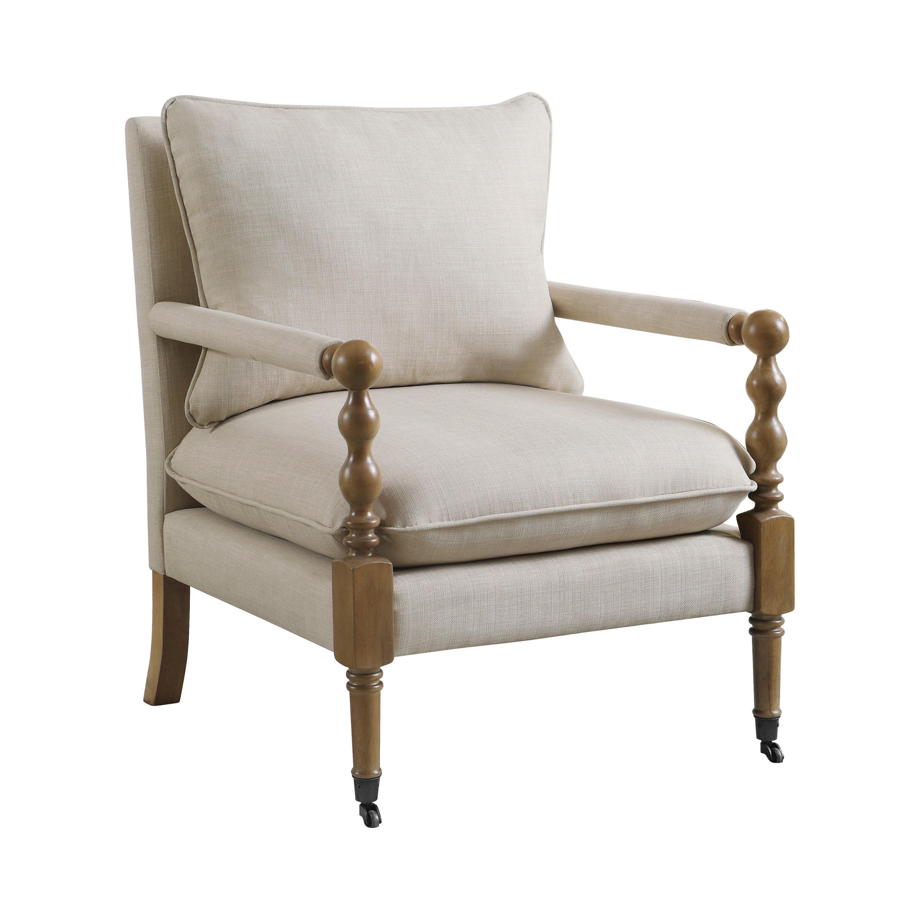 Beige Upholstered Wood Accent Chair with Turned Legs