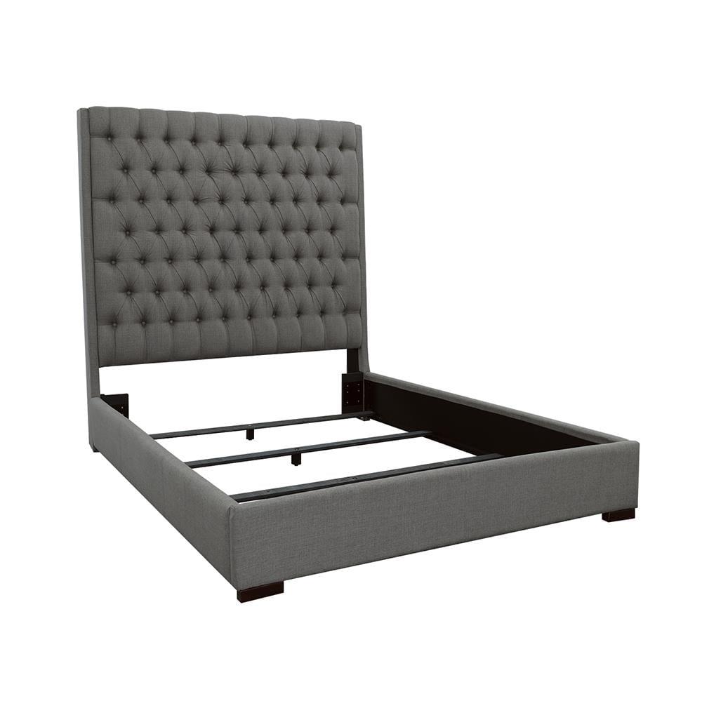 Regal Grey Upholstered King Bed with Tufted Headboard and Wood Accents