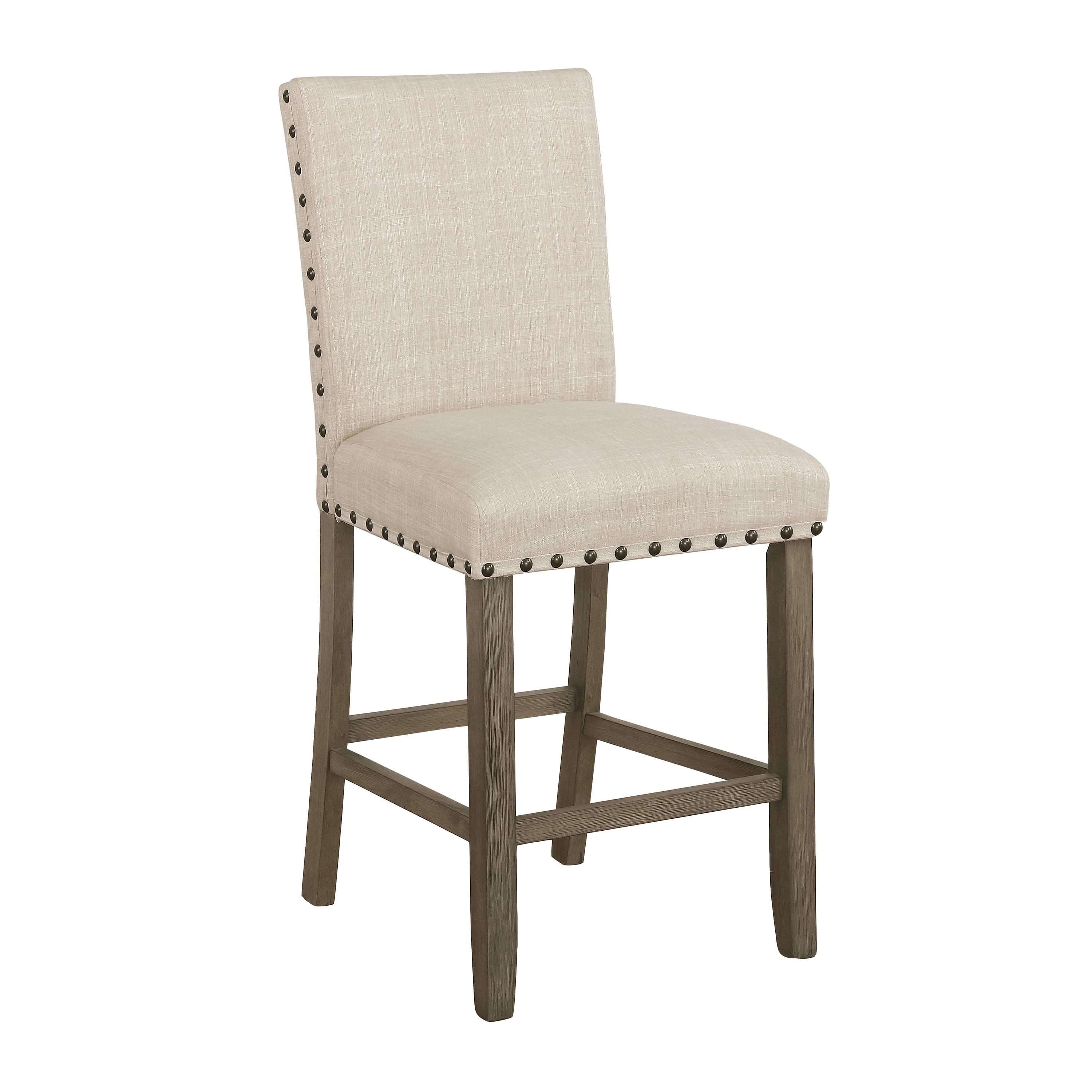 Beige Upholstered Counter Stools with Nailhead Trim, Set of 2