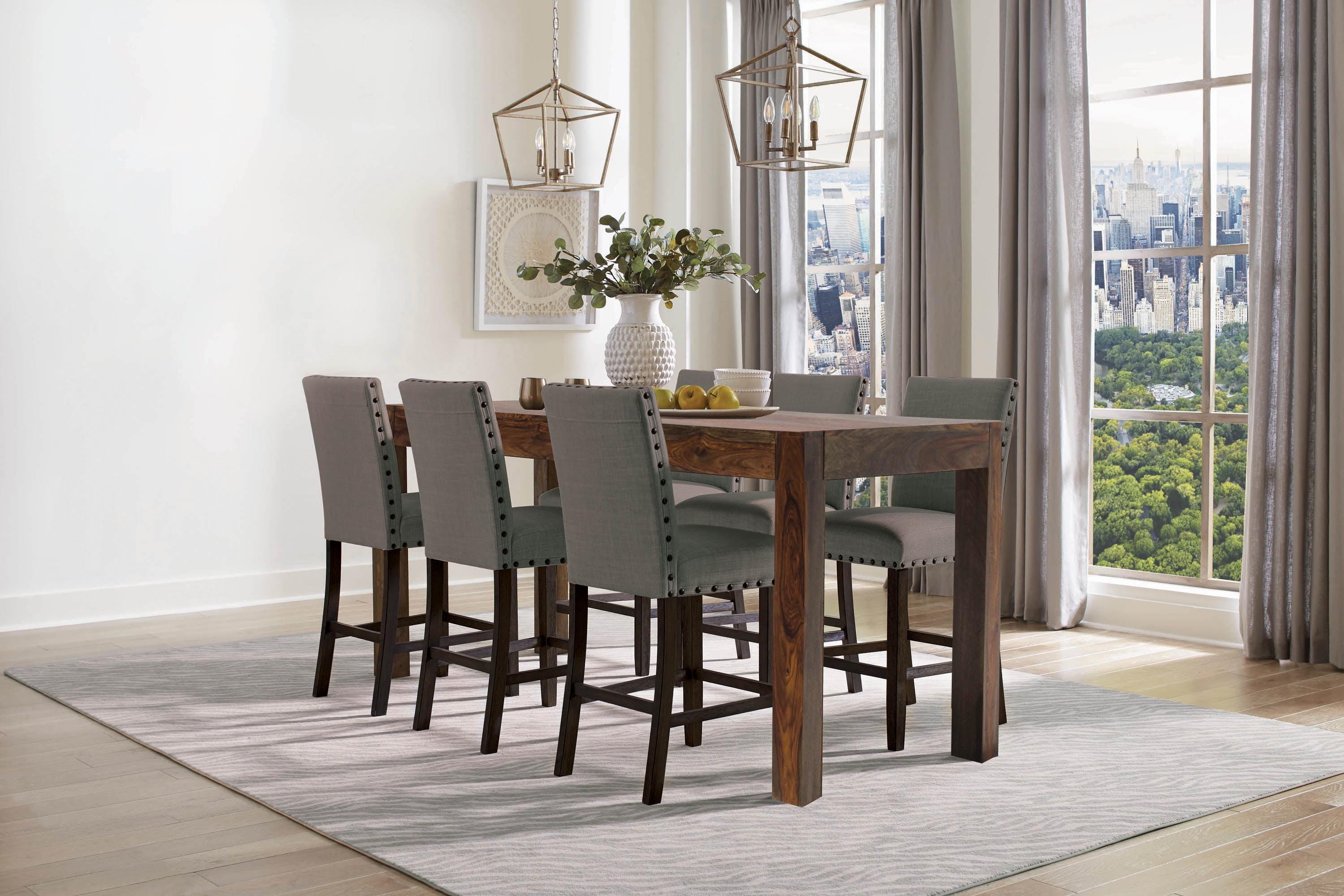 Transitional Gray Linen Upholstered Counter Stools with Nailhead Trim (Set of 2)