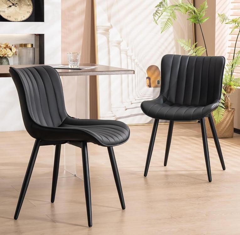 Office Chair, Mid Century Modern Upholstered Dining Chairs, Chair, 2 PCS leather Upholstered Dining Chair, with Backrest and Metal Legs, Dining Room, Bedroom, Office, Meeting Room, Black-stripe