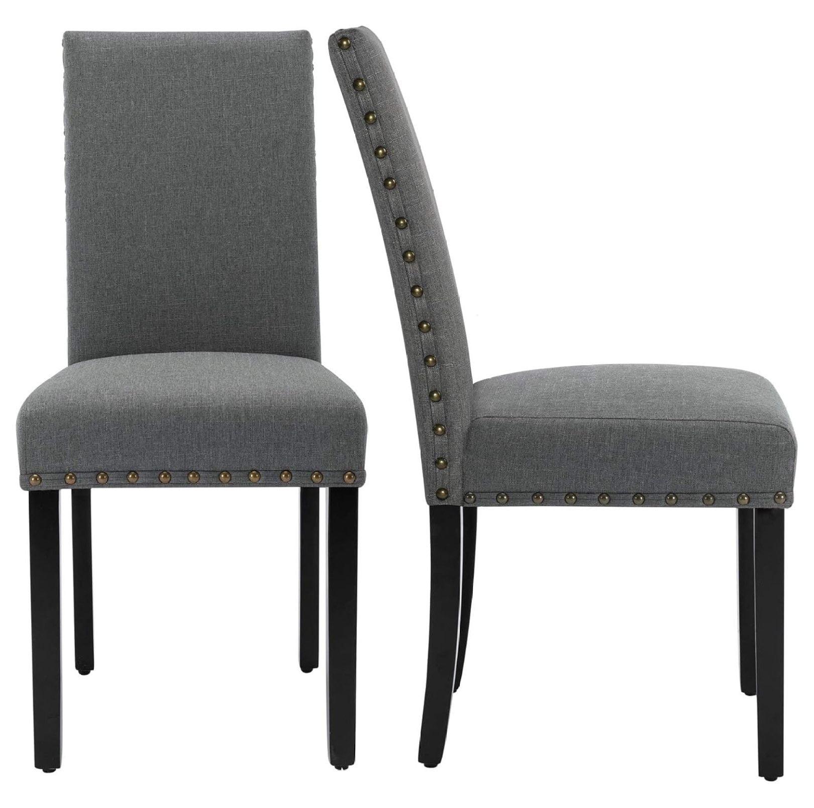 Upholstered Dining Chairs Set pf 2 Studded Parson Chairs with Nailheads and Sturdy Wooden Legs, Grey