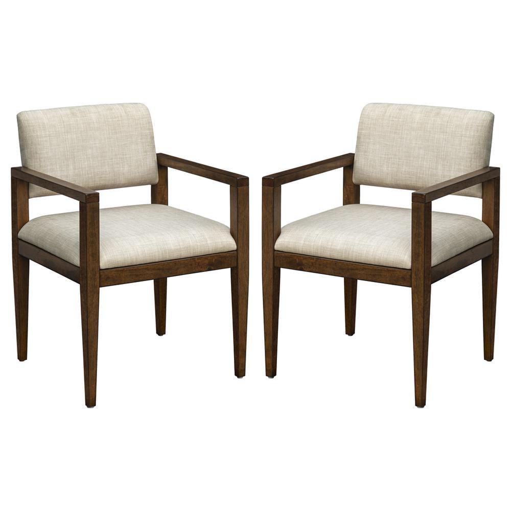 Beige Upholstered Arm Chairs with Wood Frame, Set of 2