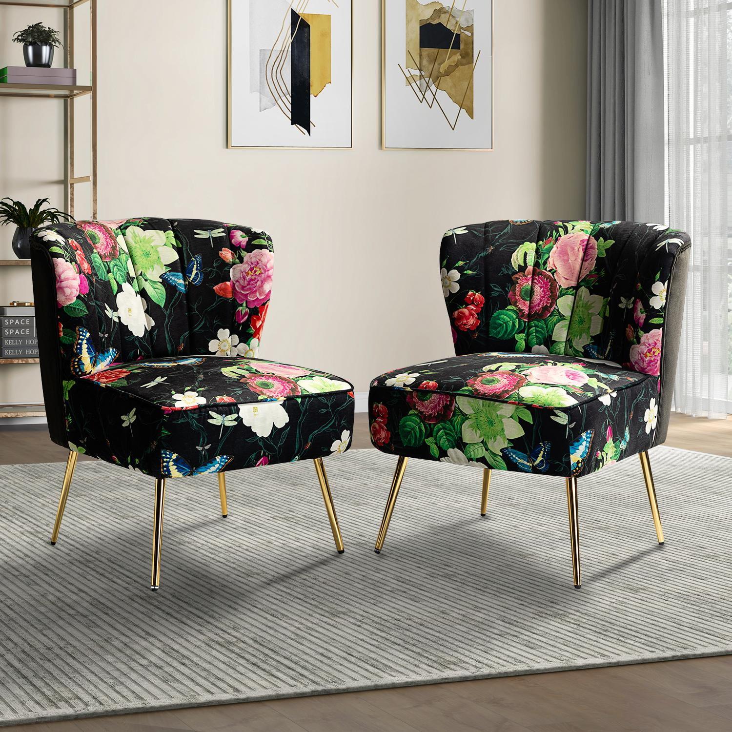 Black Floral Upholstered Slipper Chairs with Golden Legs, Set of 2