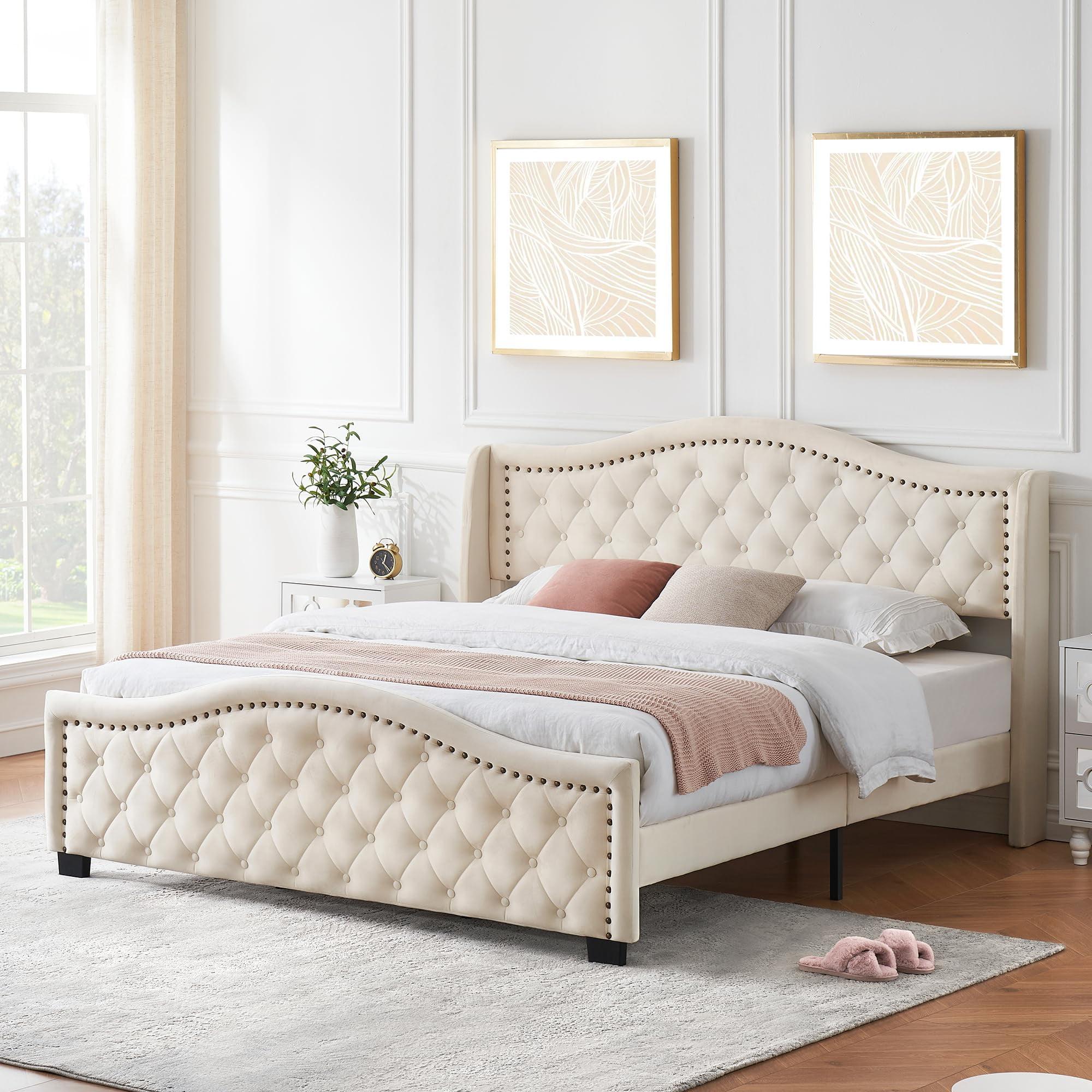 Whizmax Upholstered Platform Bed Frame with Velvet Button Tufted & Nailhead Trim Wingback Headboard, Beige