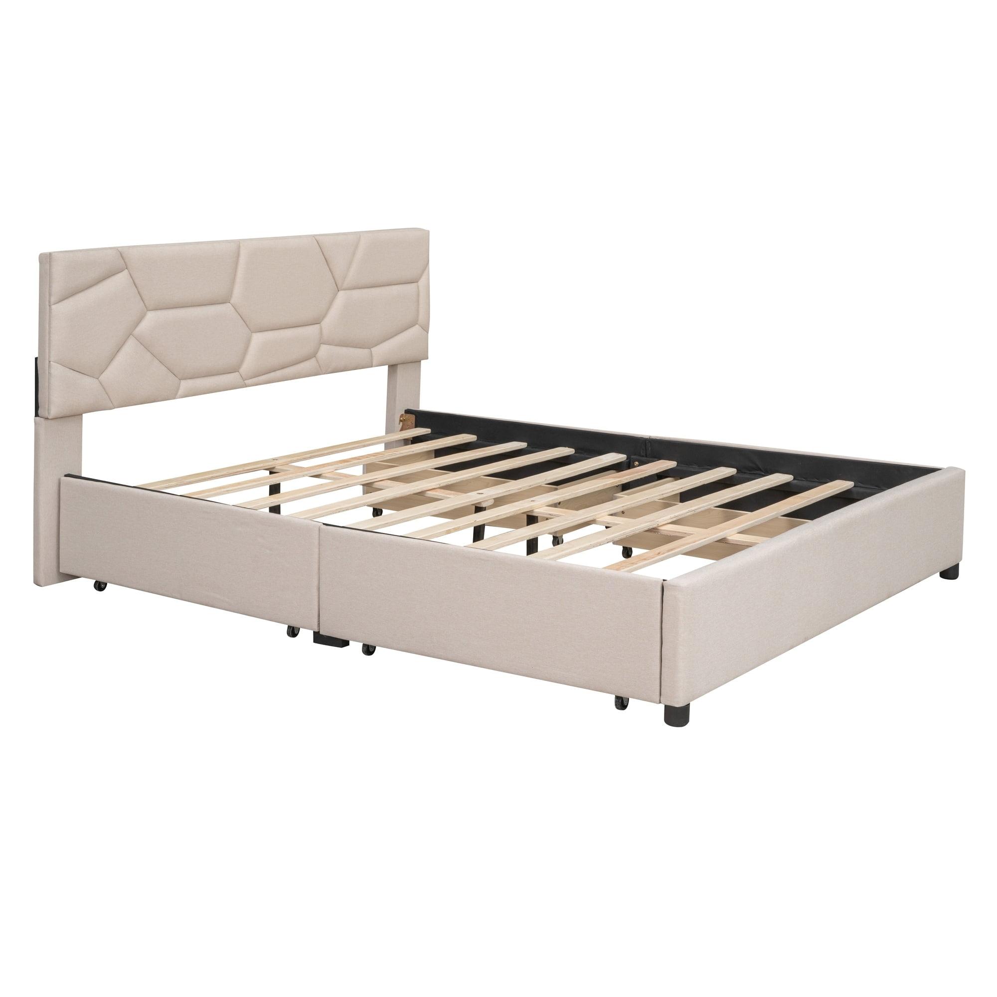 Beige Queen Upholstered Platform Bed with Storage Drawers