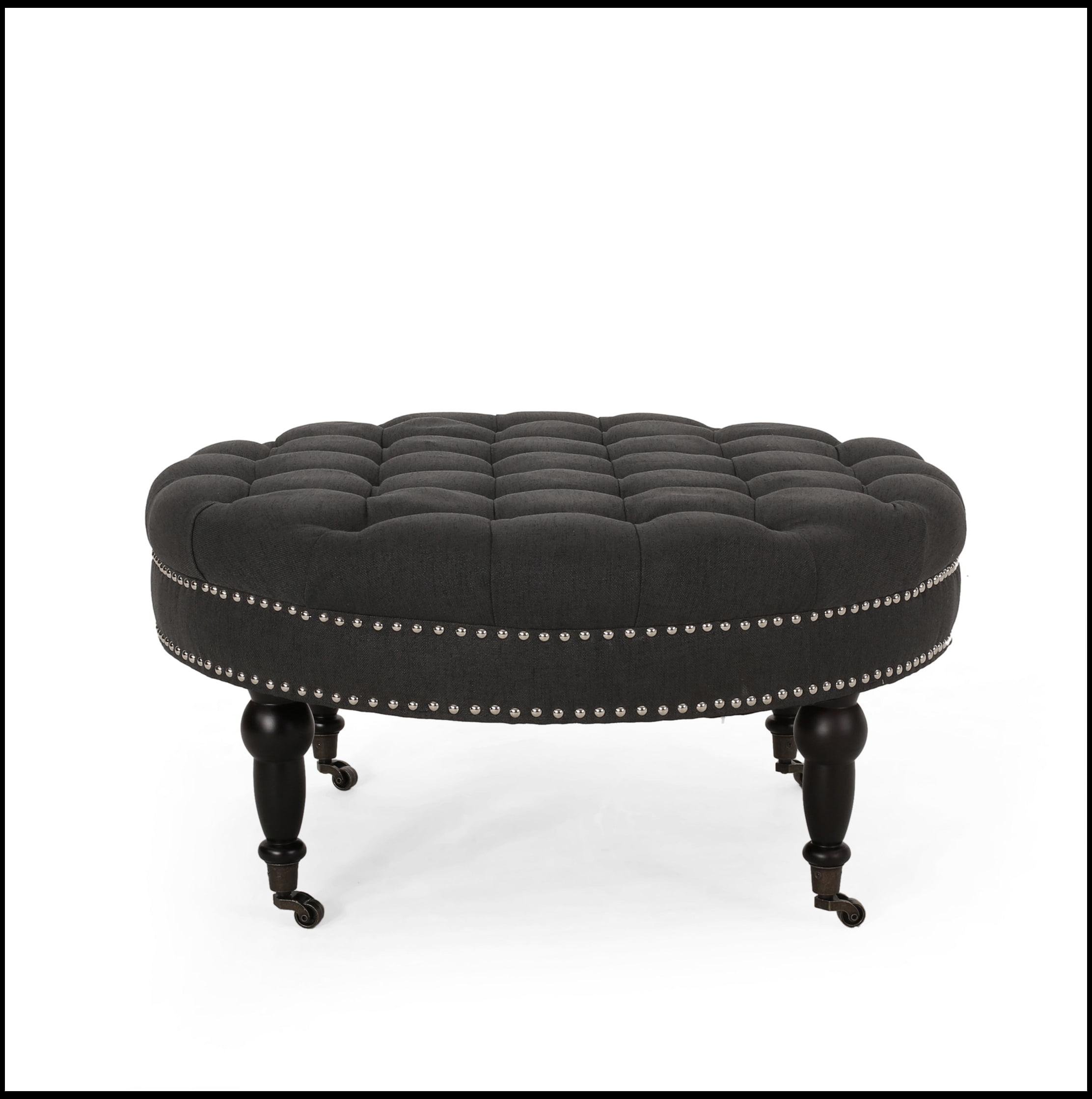 Beige Tufted Round Ottoman with Nailhead Trim