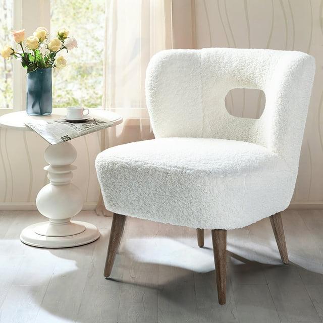 Upholstered Sherpa Barrel Accent Chair White Cutout Back Armless Wooden Legs Home Bedroom Living Room Office Adult Ivory