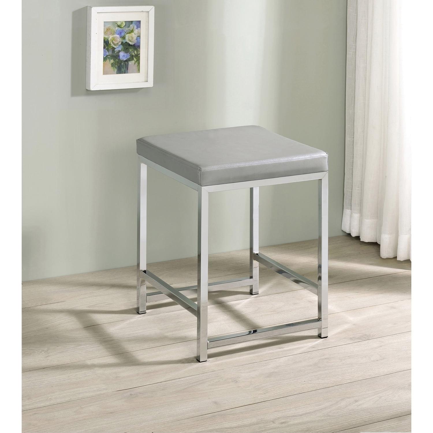 Contemporary Modern Light Grey Leatherette Vanity Stool with Chrome Base