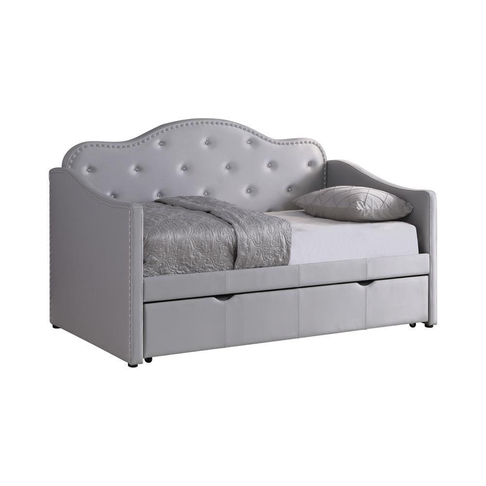 Gray Twin Upholstered Daybed with Trundle and Tufted Headboard