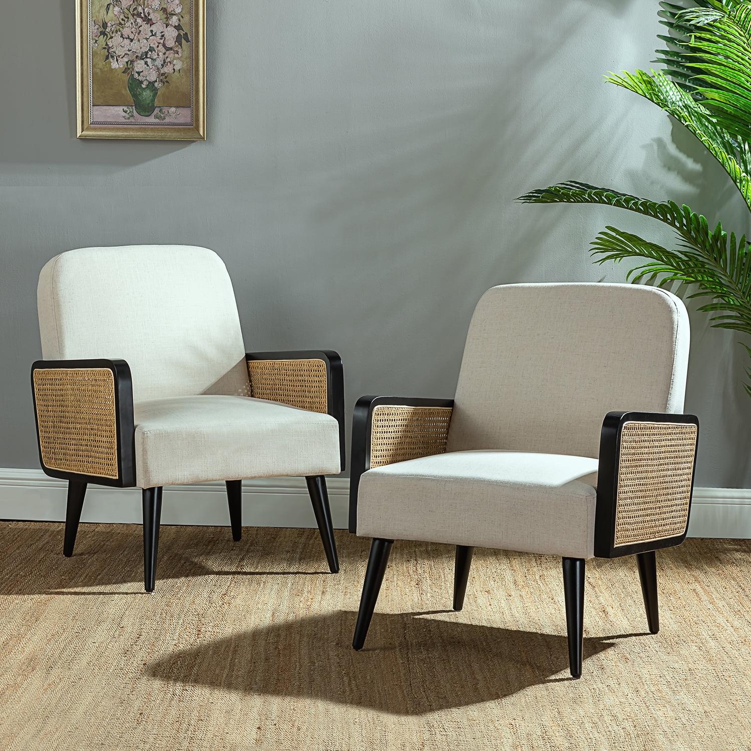 Beige Velvet Armchair Set with Rattan Arms and Wooden Legs