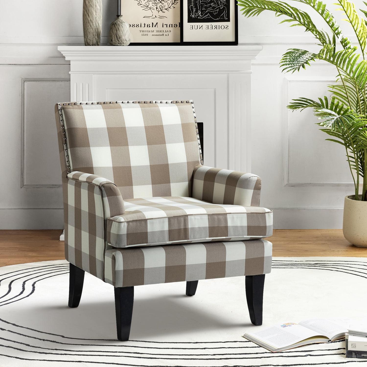 Upholstery Armchair Accent Chair Sofa Couch Wood Legs Nailhead Trim Home Living Room Bedroom Plaid Grey White