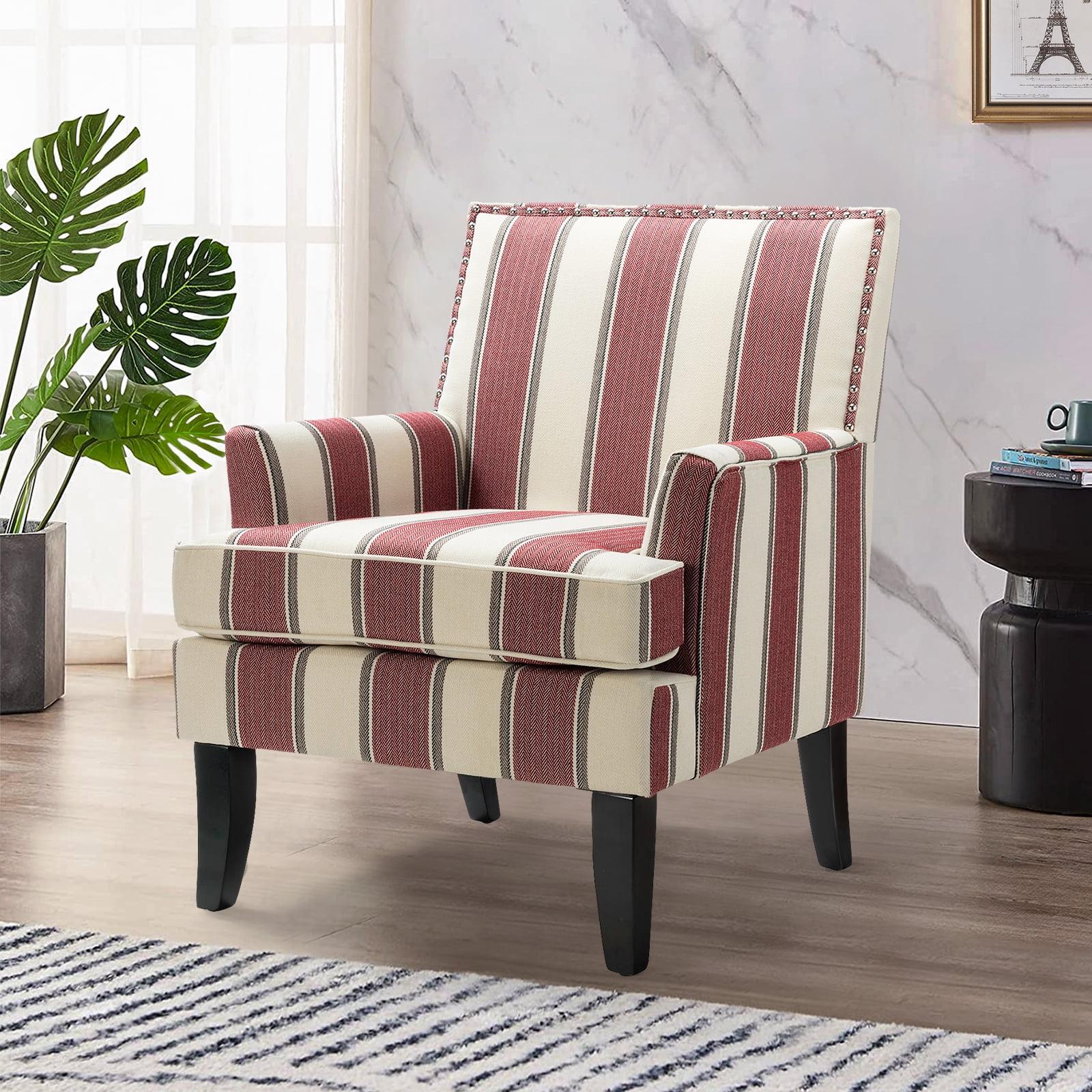 Red and White Striped Accent Chair with Nailhead Trim