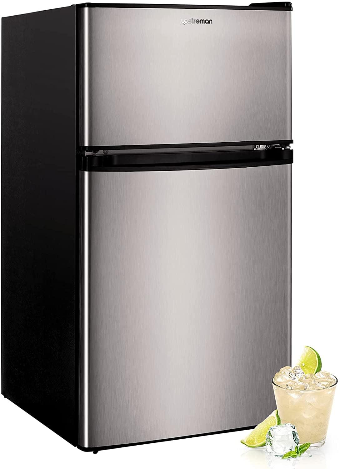 Upstreman 3.2 Cu.ft Mini Fridge with Freezer, Double Door Refrigerator-Classic Stainless