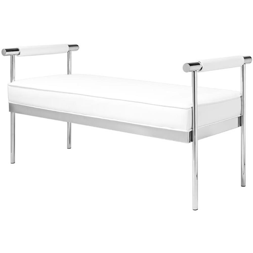 White Faux Leather Upholstered Bench with Polished Steel Frame