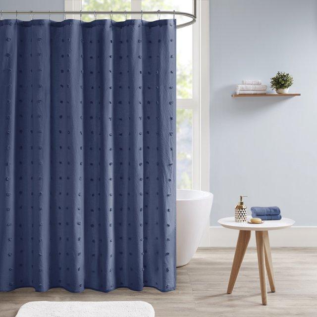 Urban Habitat Kay Cotton Pom-Pom Shower Curtain Indigo: Bohemian Style, 100% Cotton, Buttonhole Top