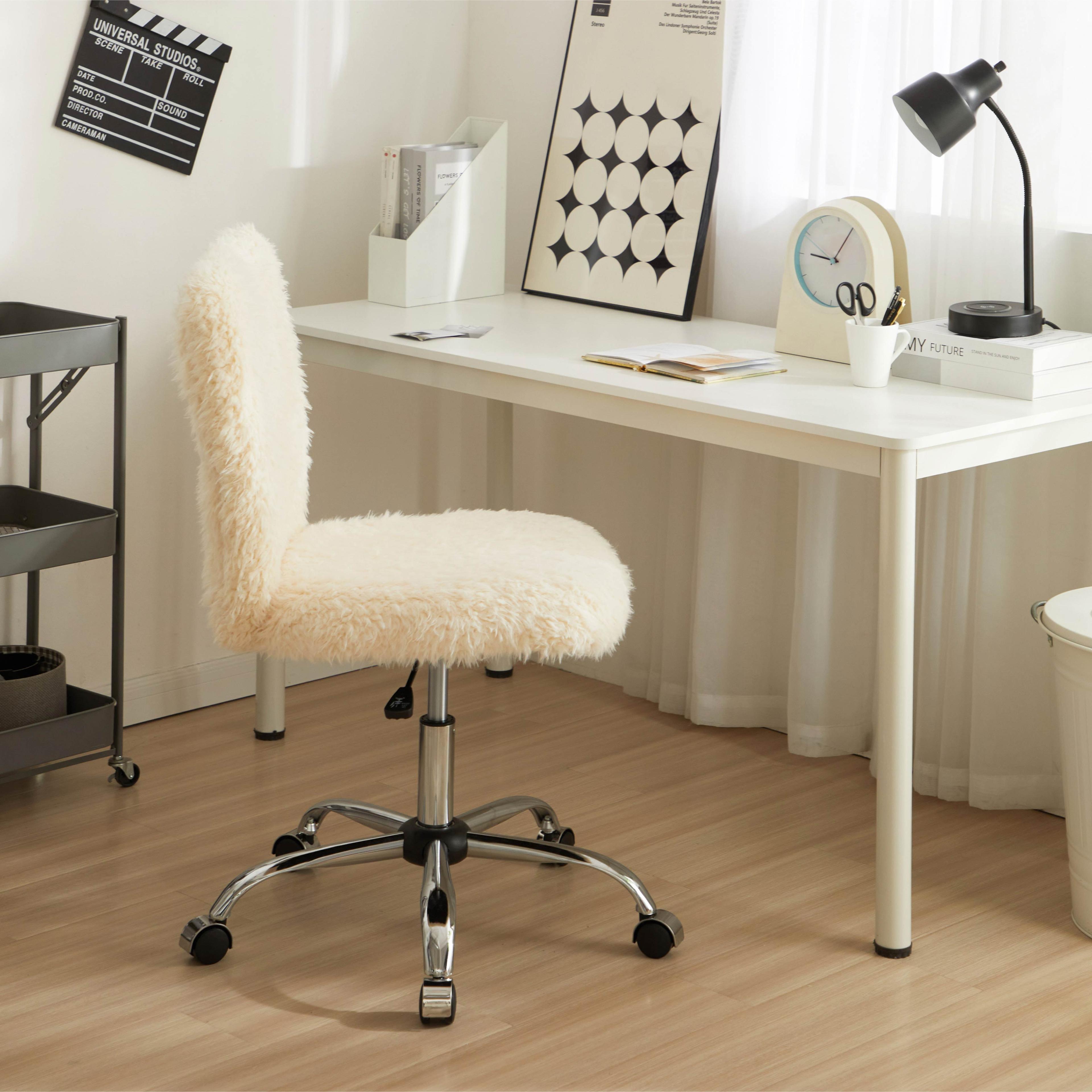 Urban Shop Polyester Faux Fur Armless Swivel Task Office Chair, White, Adjustable Height, Mid Back