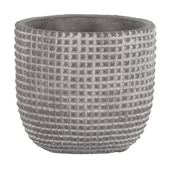 Cement Round Pot with Engraved Square Lattice Tapered Bottom, Natural & Light Gray - Small